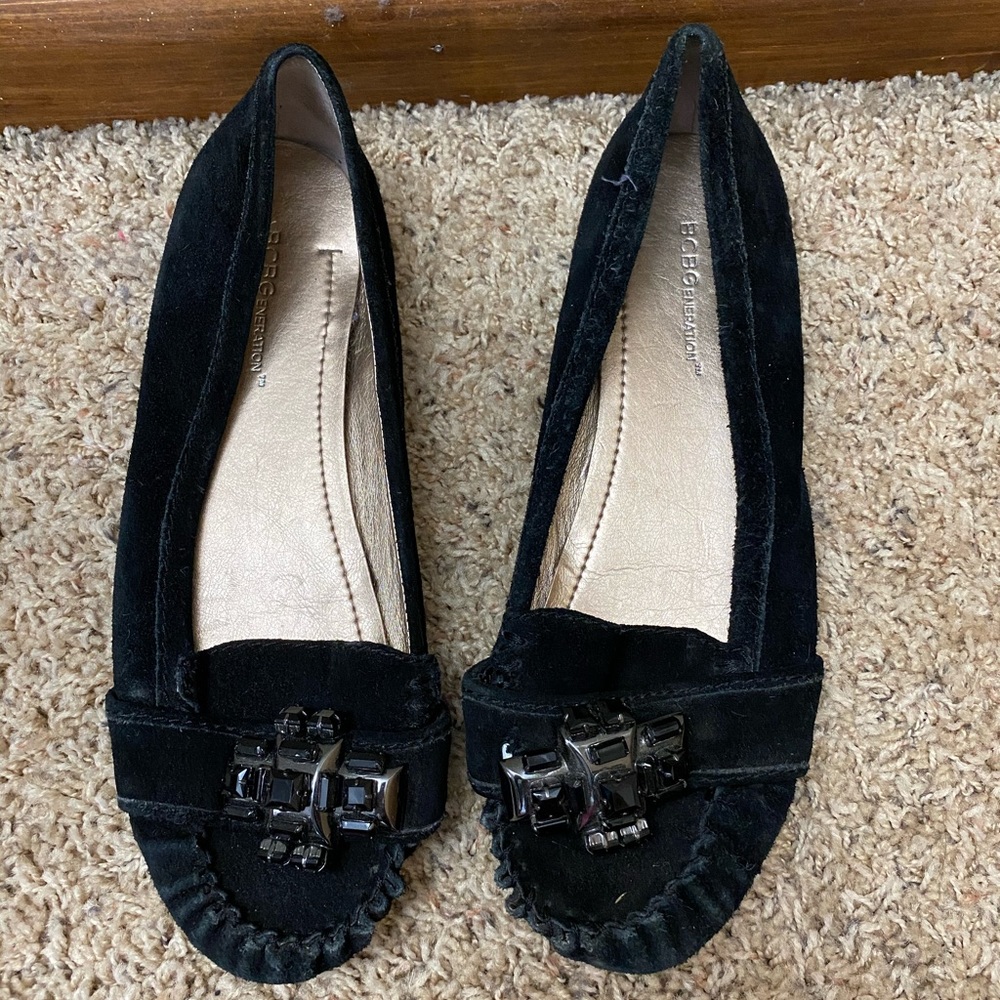 BCBG Embellished Black Suede Flats Shoes